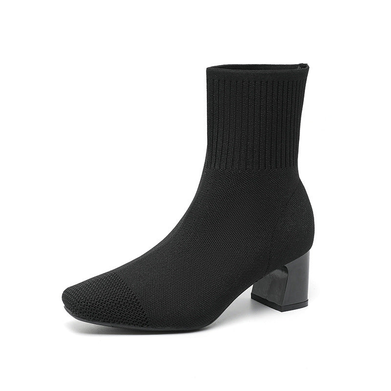 Knitted Sock Boots with Chunky Heel - Stretchy Ankle Booties - AmiraMart