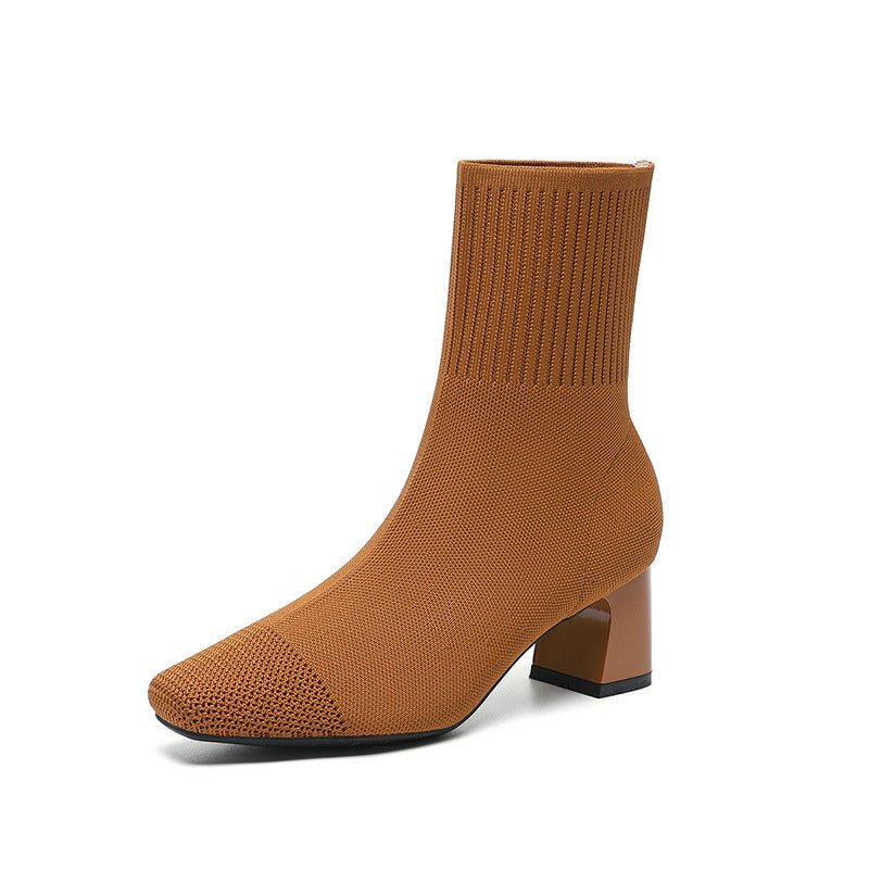 Knitted Sock Boots with Chunky Heel - Stretchy Ankle Booties - AmiraMart
