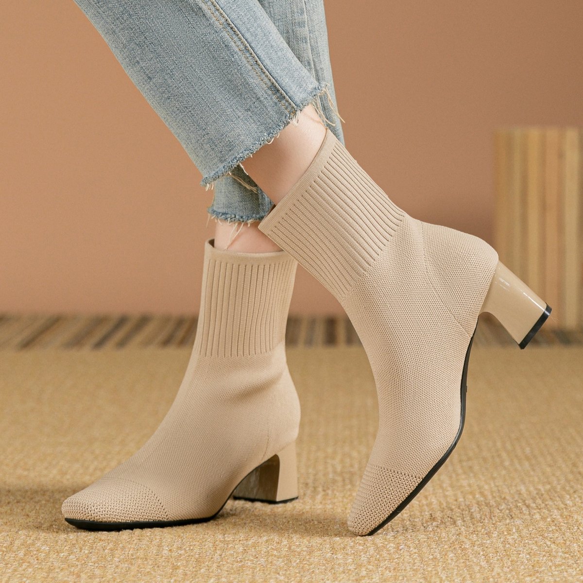 Knitted Sock Boots with Chunky Heel - Stretchy Ankle Booties - AmiraMart