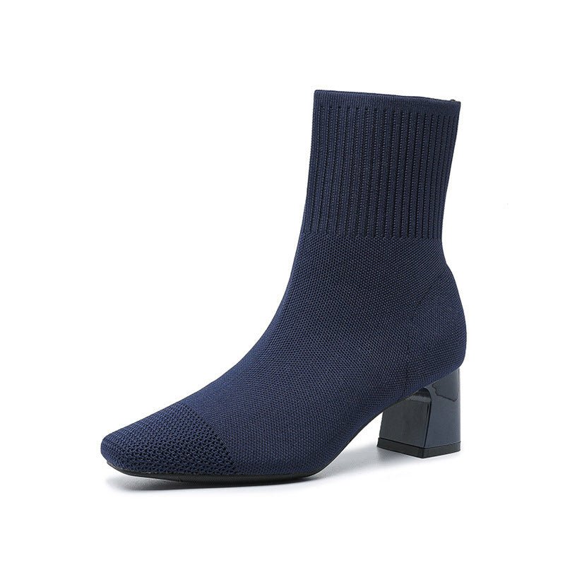 Knitted Sock Boots with Chunky Heel - Stretchy Ankle Booties - AmiraMart