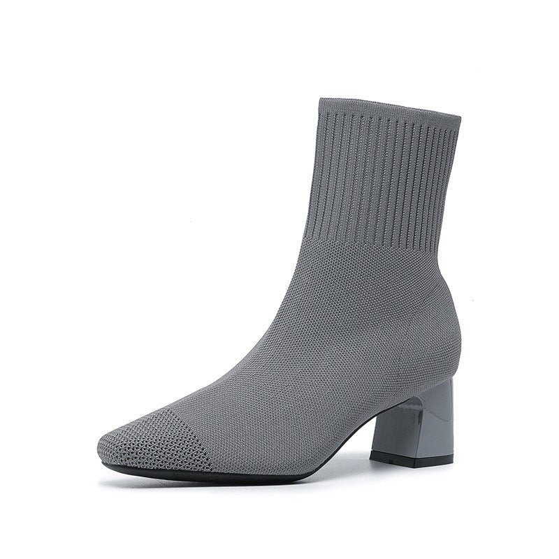 Knitted Sock Boots with Chunky Heel - Stretchy Ankle Booties - AmiraMart
