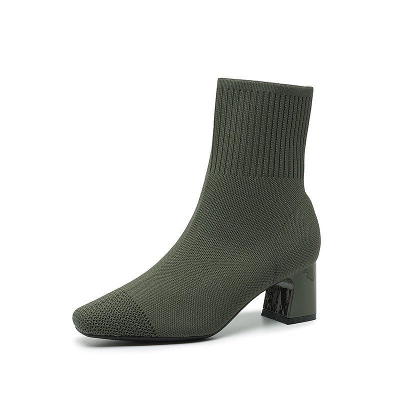 Knitted Sock Boots with Chunky Heel - Stretchy Ankle Booties - AmiraMart