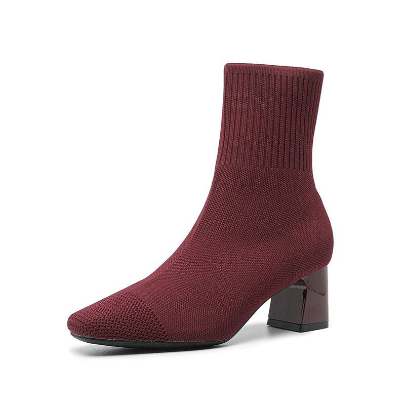 Knitted Sock Boots with Chunky Heel - Stretchy Ankle Booties - AmiraMart