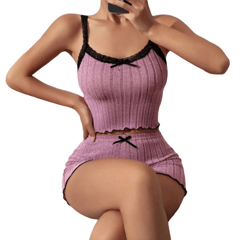 Lace Trim Suspender Fleece Homewear Shorts - AmiraMart