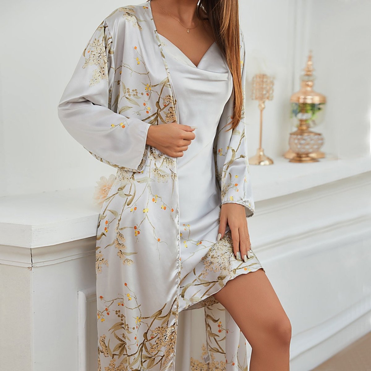 Lace - Up Nightdress Two - Piece Homewear Set - AmiraMart