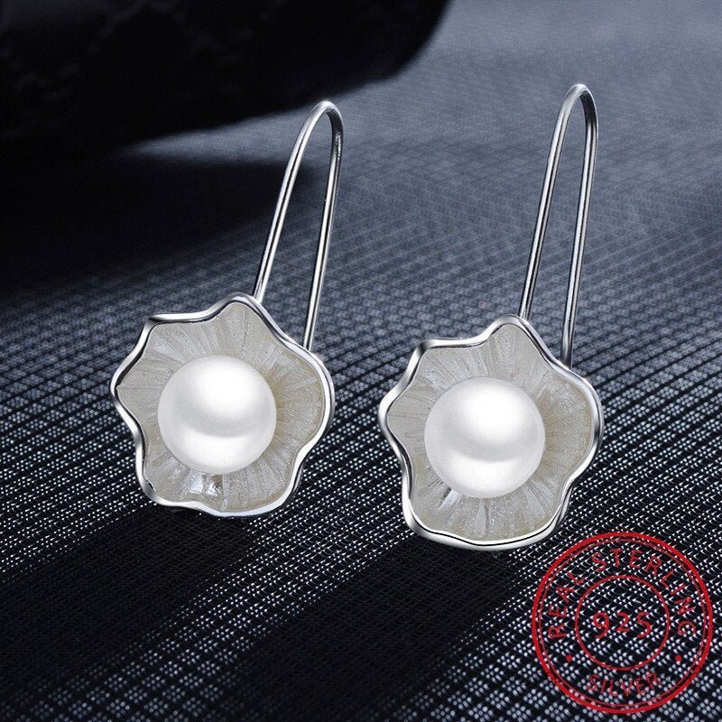 Ladies Silver Pearl Lotus Earrings - AmiraMart