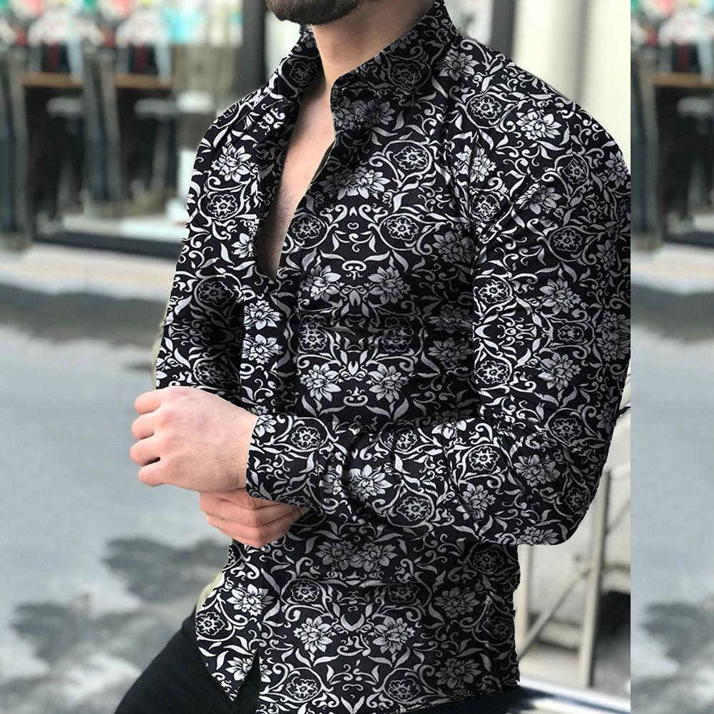 Lapel printed long - sleeved casual floral shirt - AmiraMart