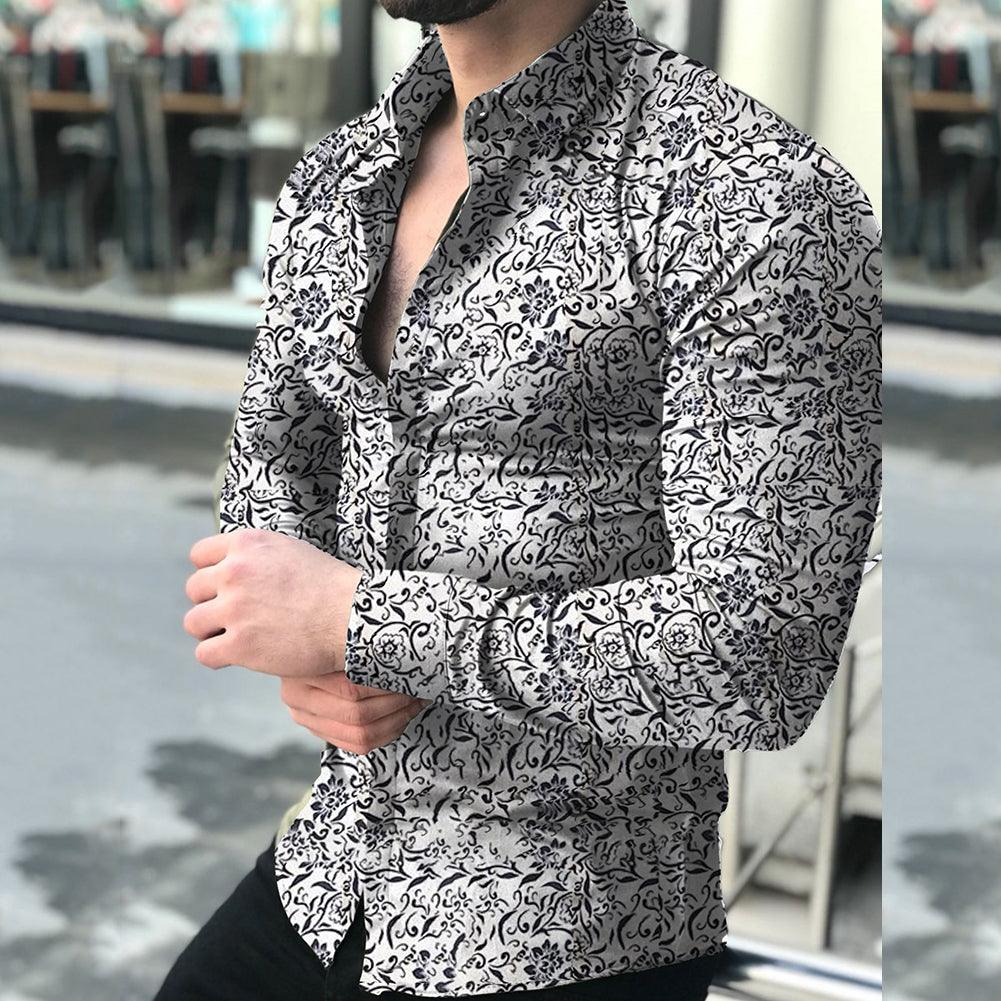 Lapel printed long - sleeved casual floral shirt - AmiraMart