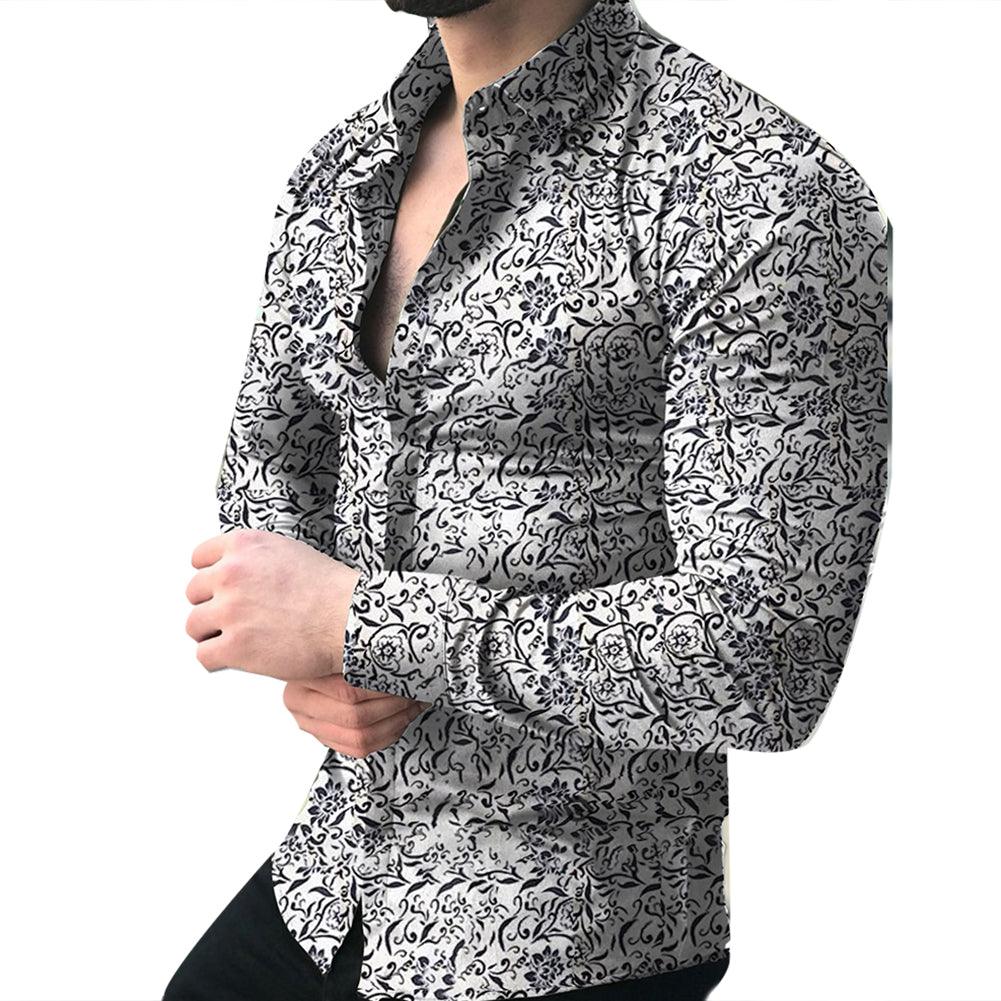 Lapel printed long - sleeved casual floral shirt - AmiraMart