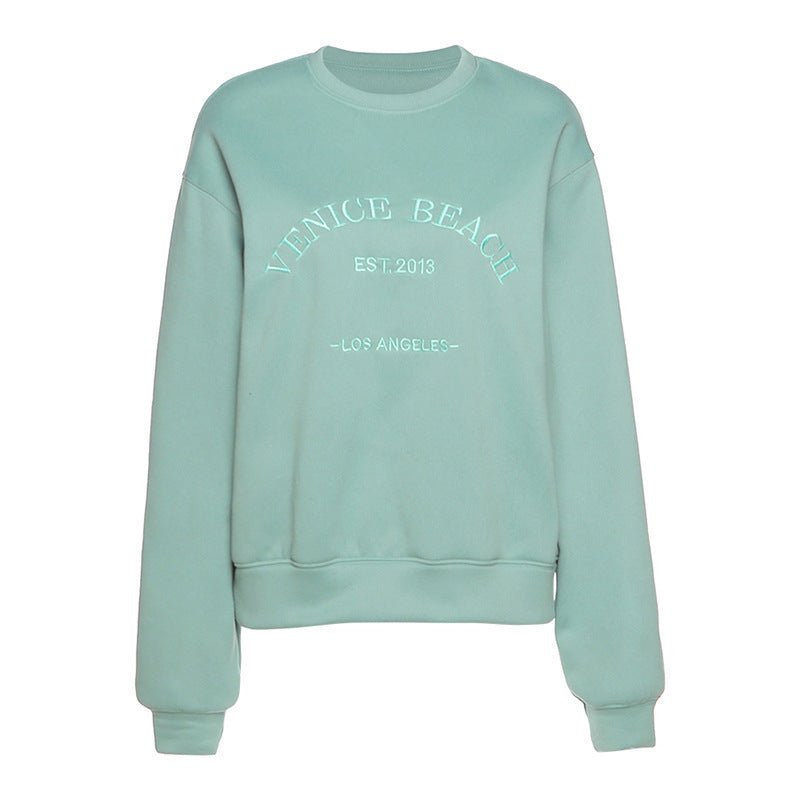 Letter Embroidered Fleece Thick Loose Loose All - Match Casual Sweater - AmiraMart