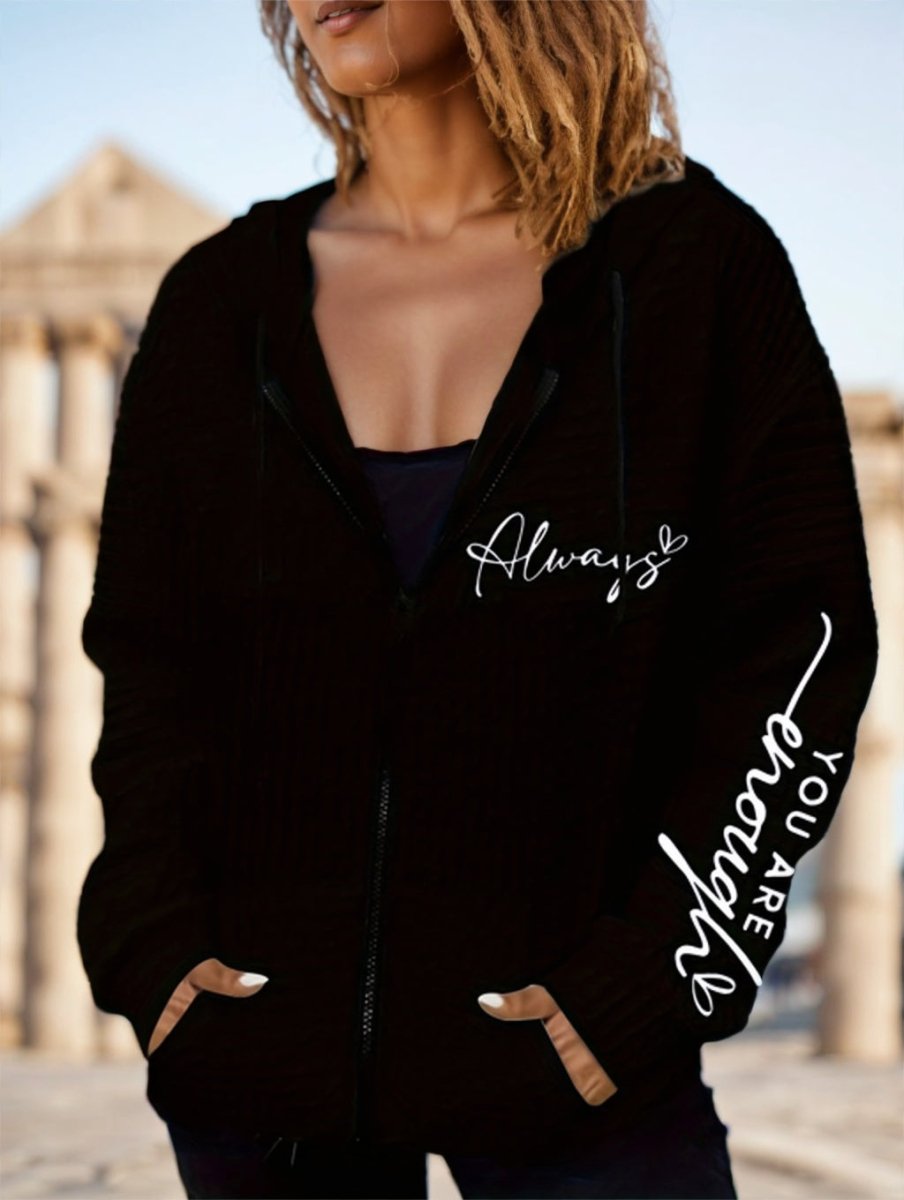 Letter Print Zipper Dual Pockets Hoodie - AmiraMart