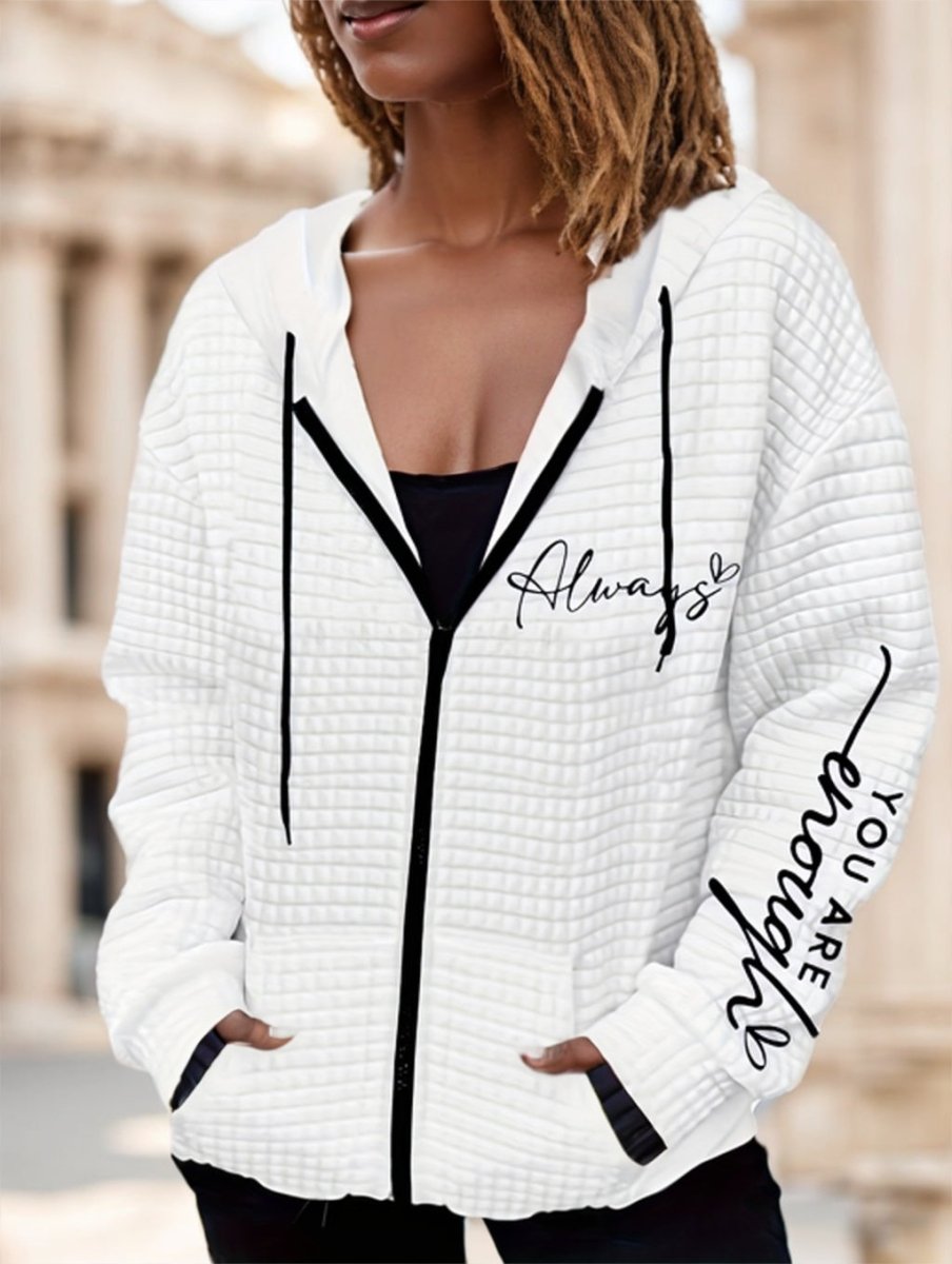 Letter Print Zipper Dual Pockets Hoodie - AmiraMart