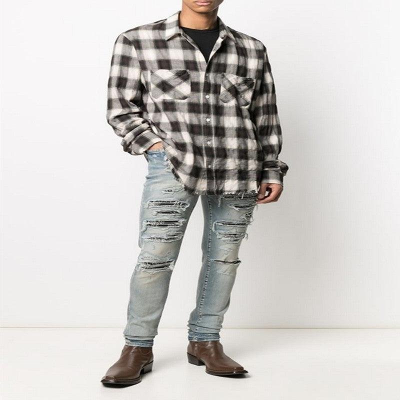 Light Color Printed Patch Elastic Slim Fitting Jeans For Men - AmiraMart