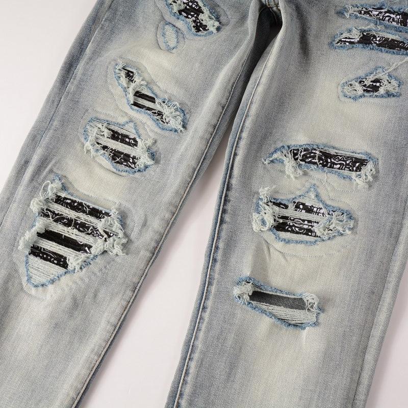 Light Color Printed Patch Elastic Slim Fitting Jeans For Men - AmiraMart