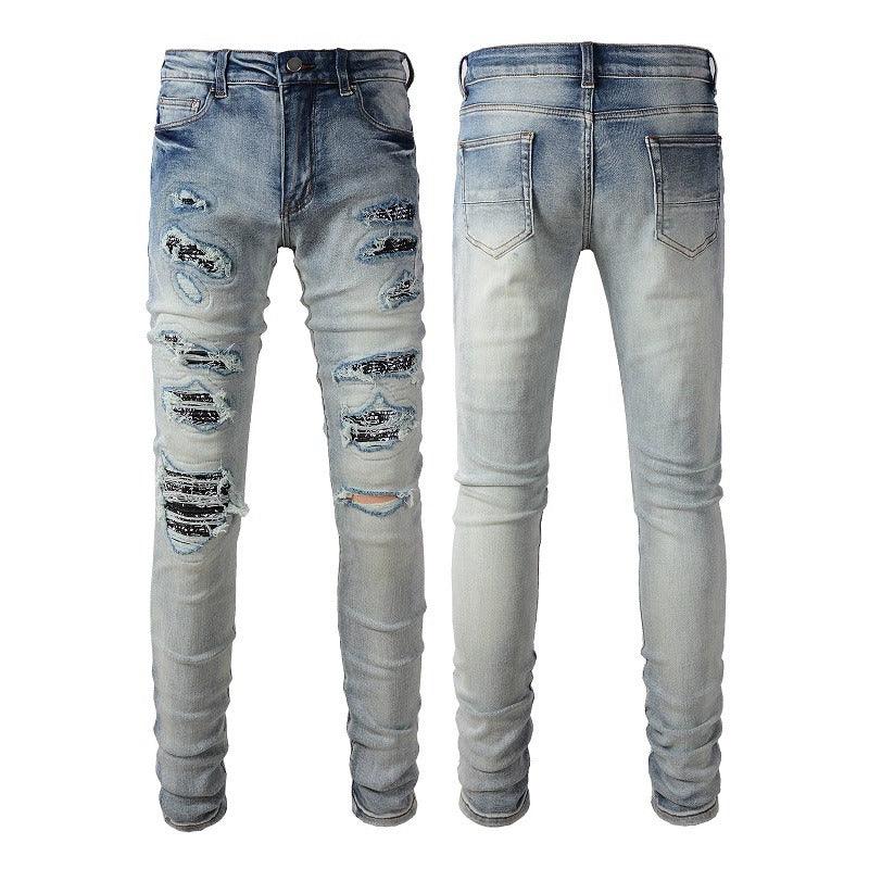 Light Color Printed Patch Elastic Slim Fitting Jeans For Men - AmiraMart