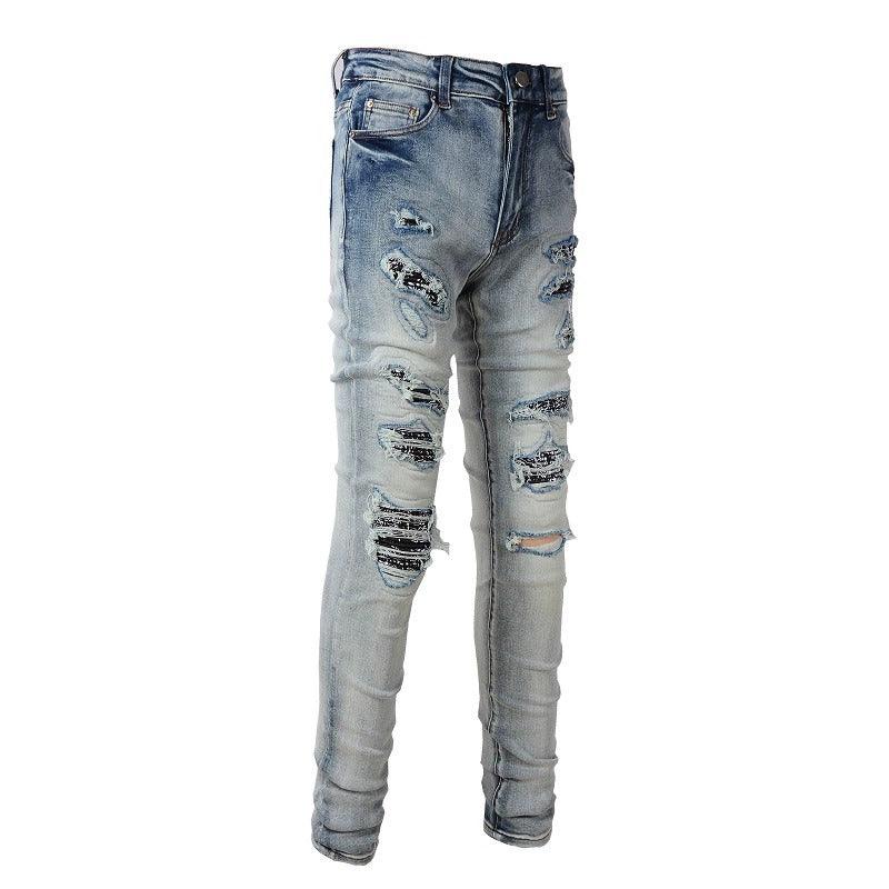 Light Color Printed Patch Elastic Slim Fitting Jeans For Men - AmiraMart