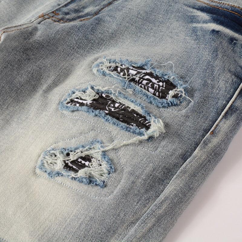 Light Color Printed Patch Elastic Slim Fitting Jeans For Men - AmiraMart