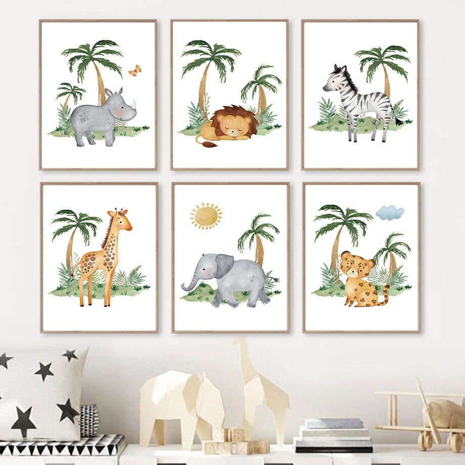Lion Elephant Giraffe Jungle Animal Nursery Wall Art Canvas - AmiraMart