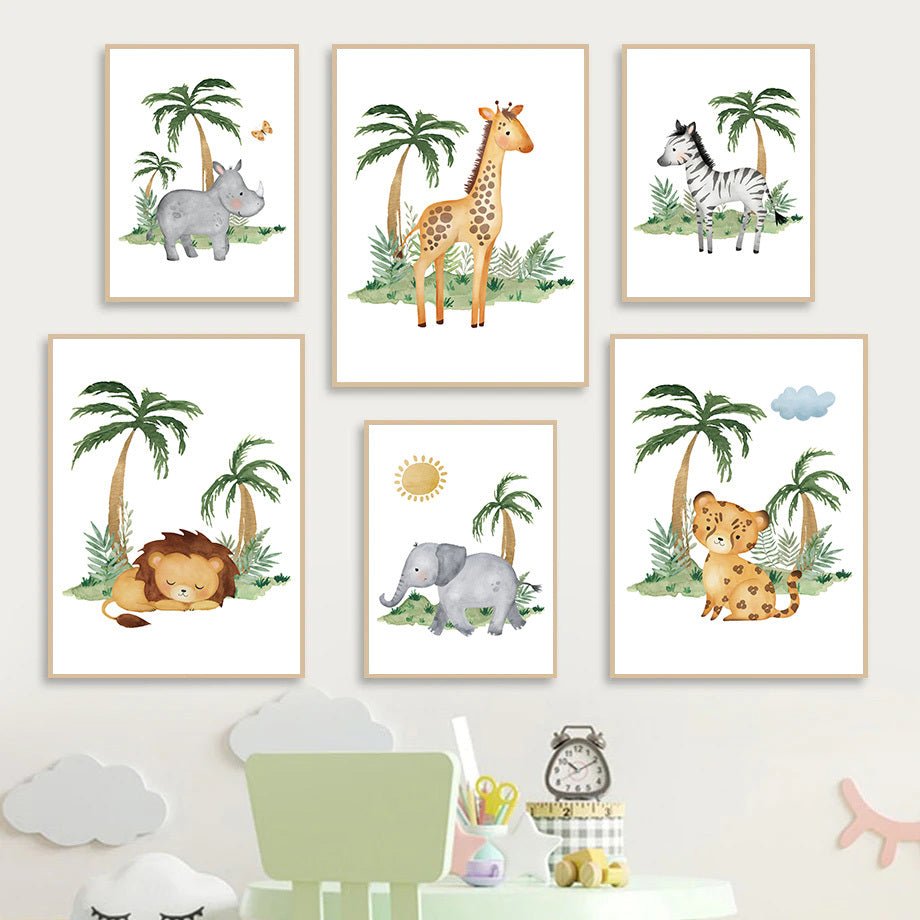 Lion Elephant Giraffe Jungle Animal Nursery Wall Art Canvas - AmiraMart