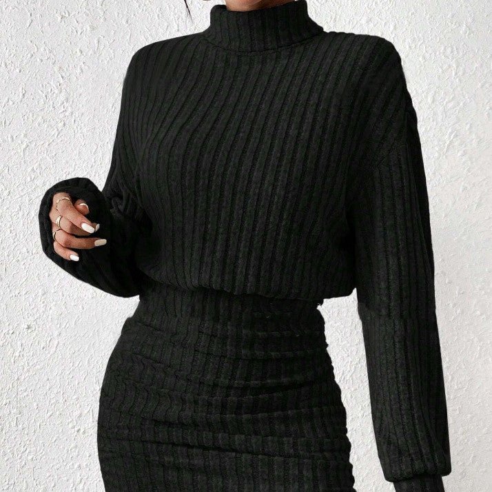 Long Sleeve High Neck Ribbing Woolen Knit Suit - AmiraMart