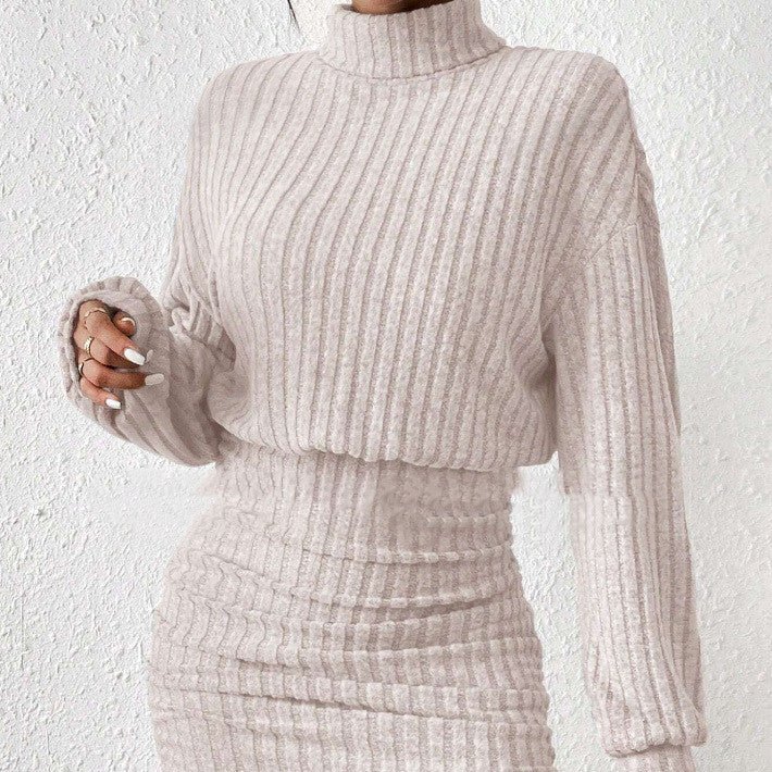 Long Sleeve High Neck Ribbing Woolen Knit Suit - AmiraMart