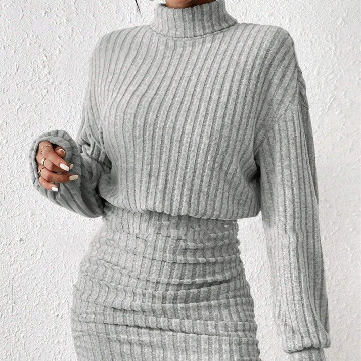 Long Sleeve High Neck Ribbing Woolen Knit Suit - AmiraMart
