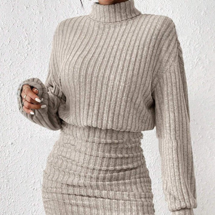 Long Sleeve High Neck Ribbing Woolen Knit Suit - AmiraMart