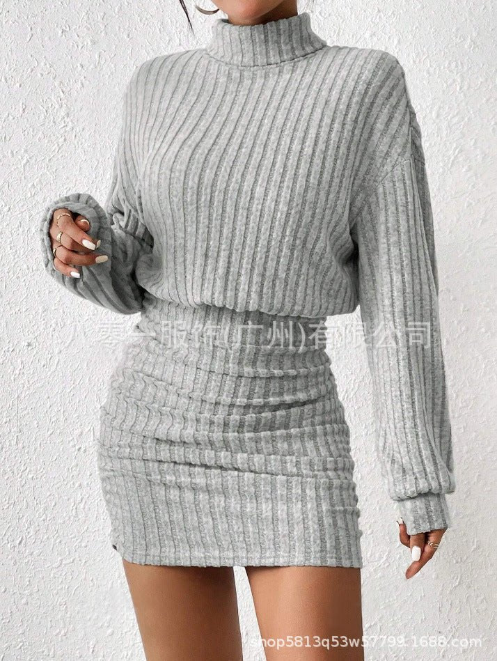 Long Sleeve High Neck Ribbing Woolen Knit Suit - AmiraMart