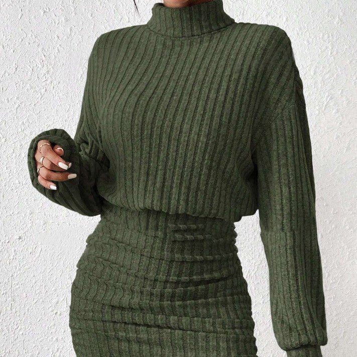 Long Sleeve High Neck Ribbing Woolen Knit Suit - AmiraMart