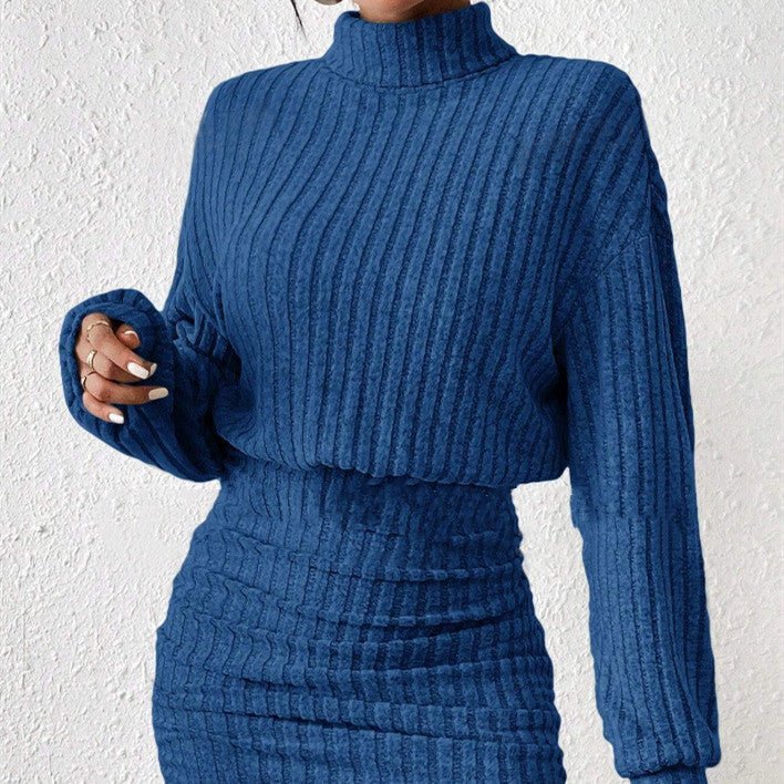 Long Sleeve High Neck Ribbing Woolen Knit Suit - AmiraMart