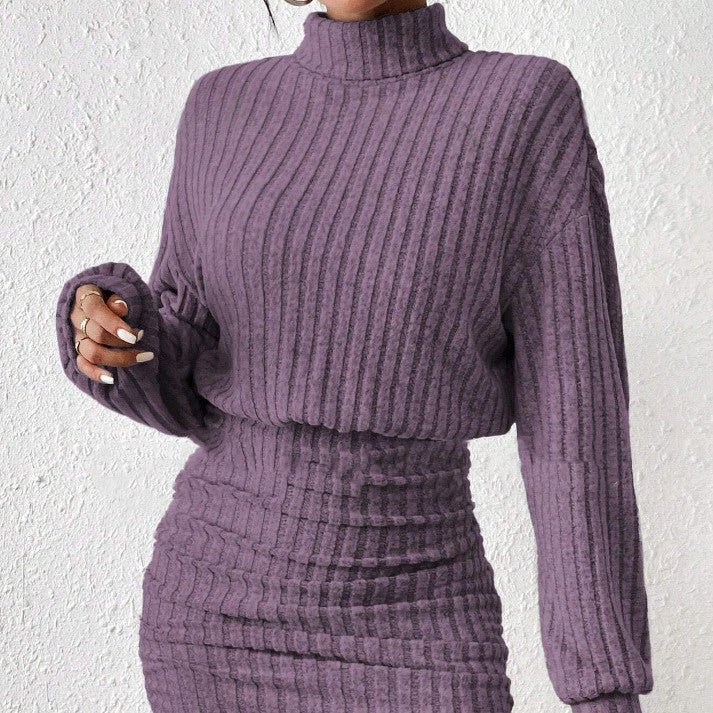 Long Sleeve High Neck Ribbing Woolen Knit Suit - AmiraMart
