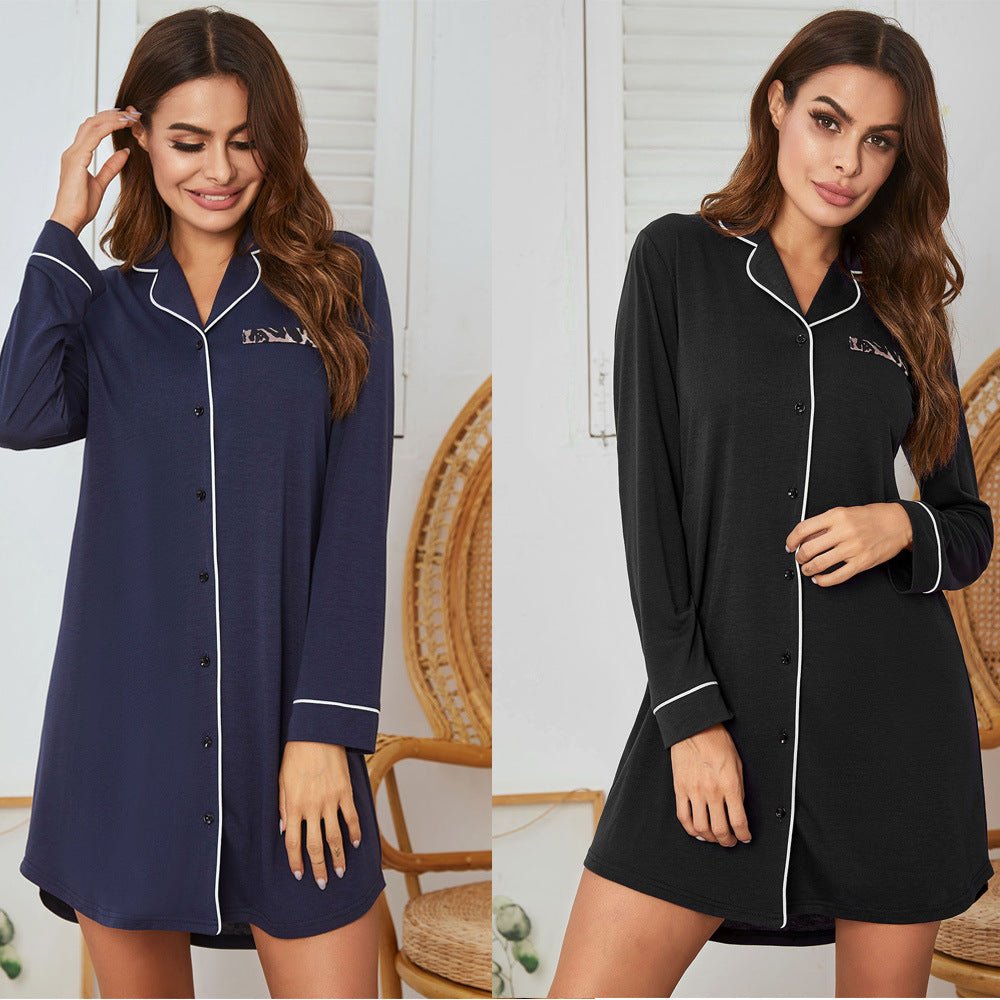 Long Sleeve Shirt Button Nightdress - AmiraMart