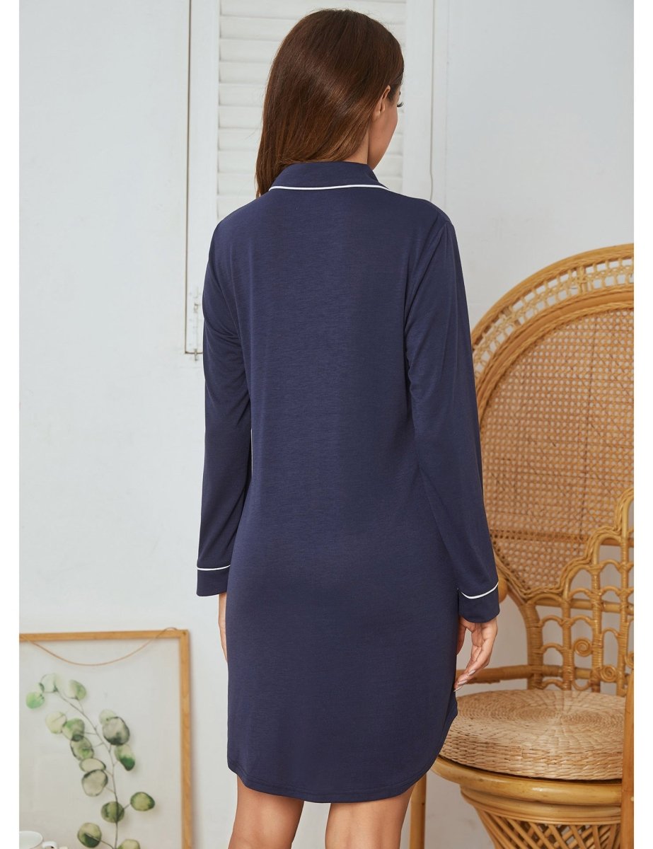 Long Sleeve Shirt Button Nightdress - AmiraMart