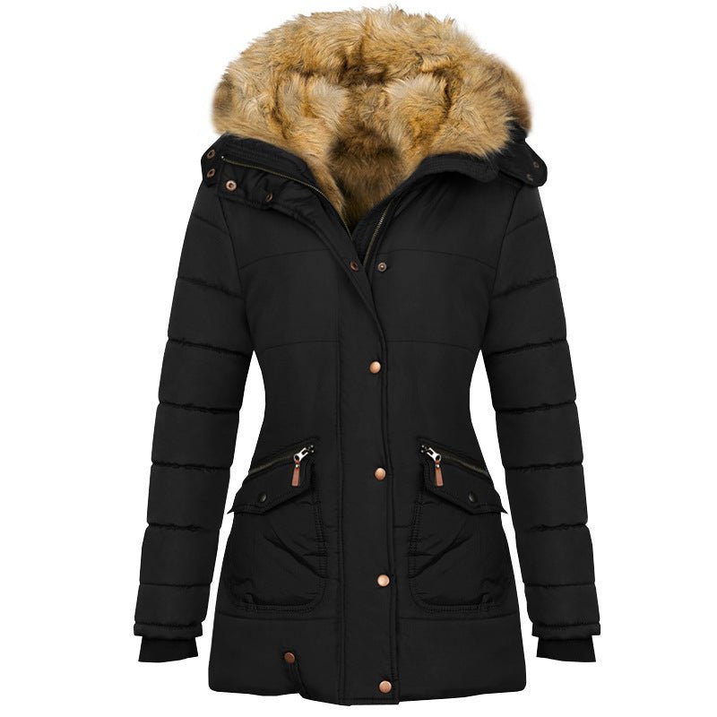 Long Sleeved Pocket Decorated Waist Warm Cotton Padded Jacket - AmiraMart