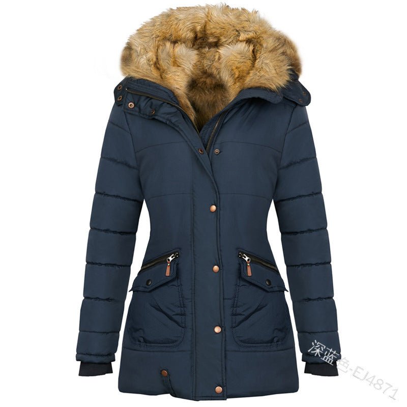 Long Sleeved Pocket Decorated Waist Warm Cotton Padded Jacket - AmiraMart