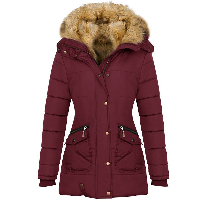 Long Sleeved Pocket Decorated Waist Warm Cotton Padded Jacket - AmiraMart