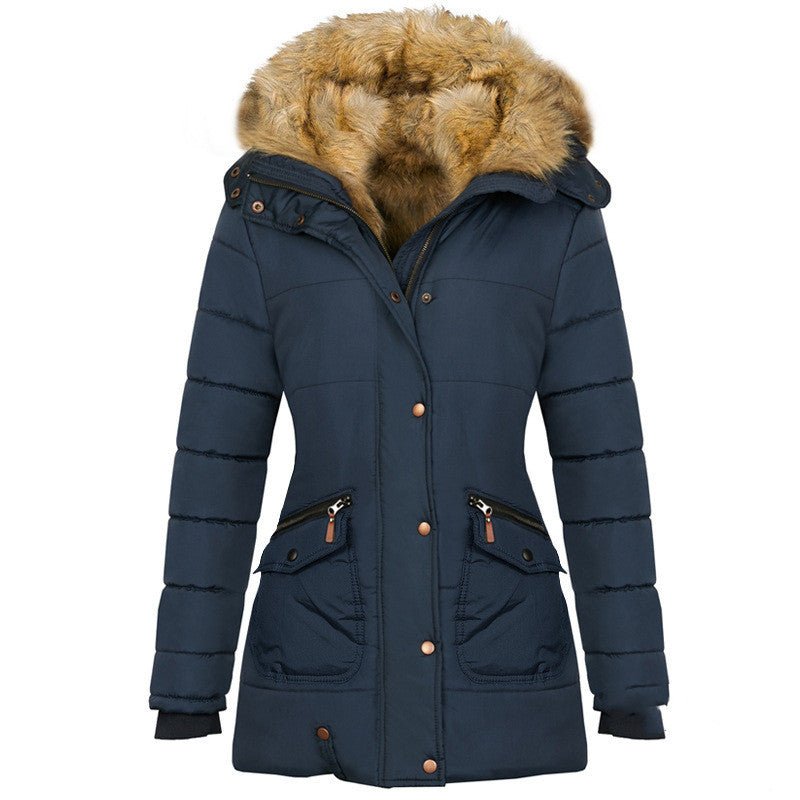 Long Sleeved Pocket Decorated Waist Warm Cotton Padded Jacket - AmiraMart