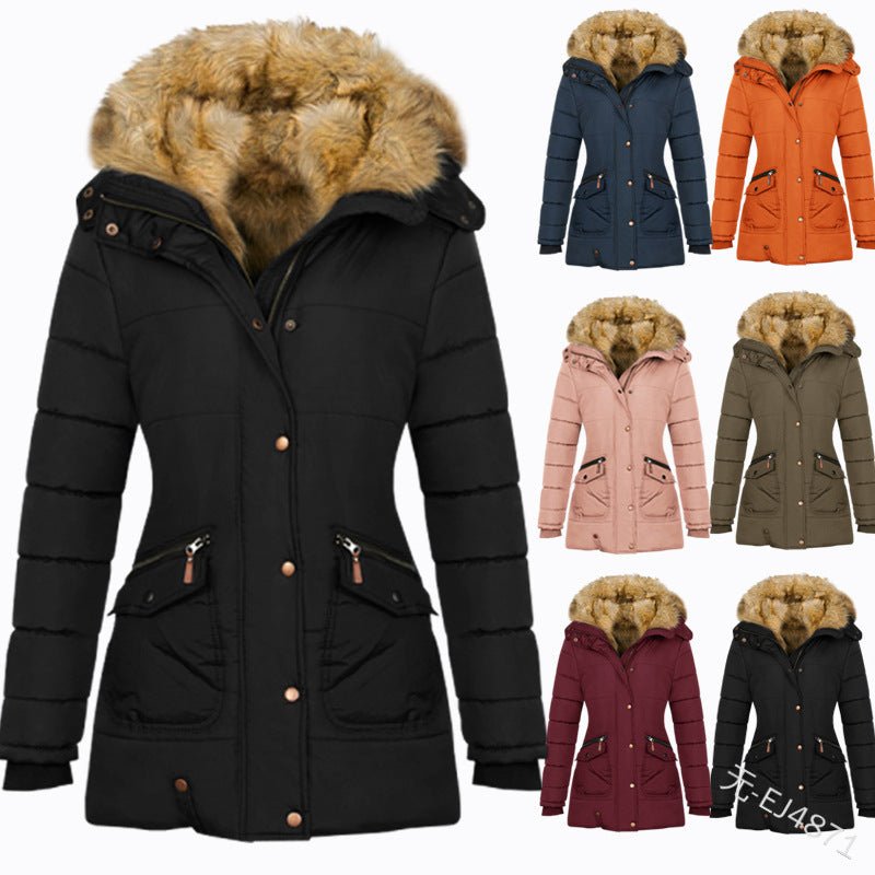 Long Sleeved Pocket Decorated Waist Warm Cotton Padded Jacket - AmiraMart