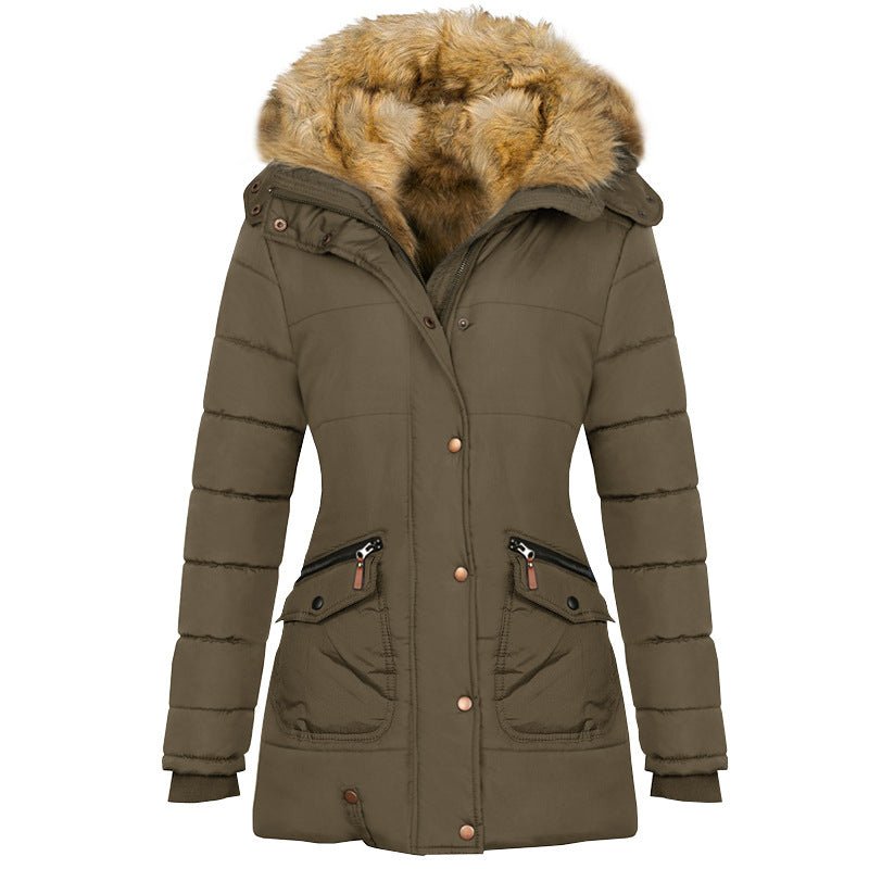 Long Sleeved Pocket Decorated Waist Warm Cotton Padded Jacket - AmiraMart