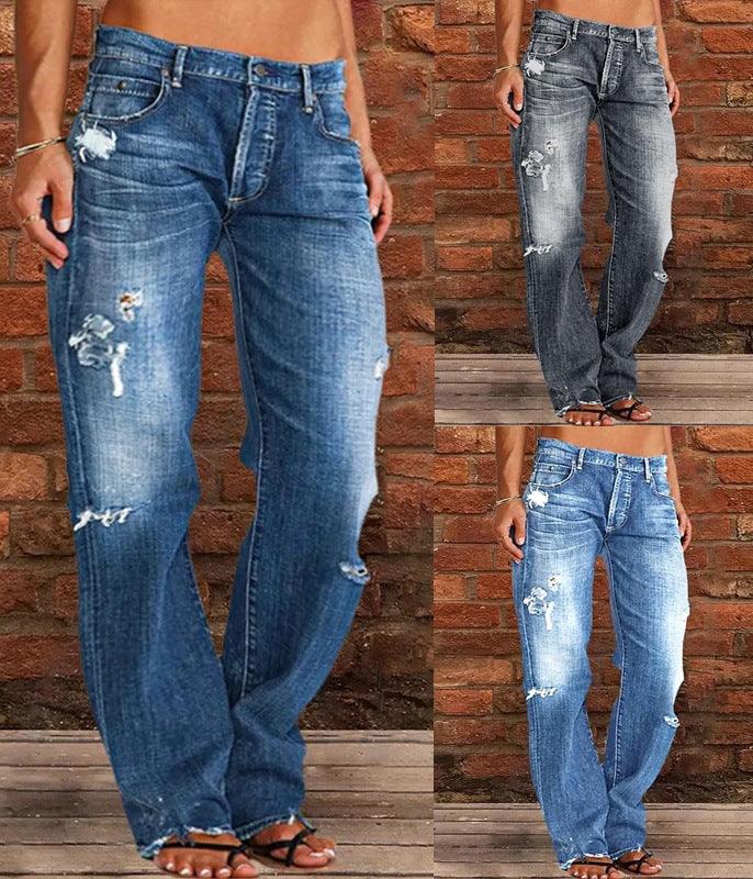 Loose Wide Leg Denim Retro Washed Ripped Trousers - AmiraMart