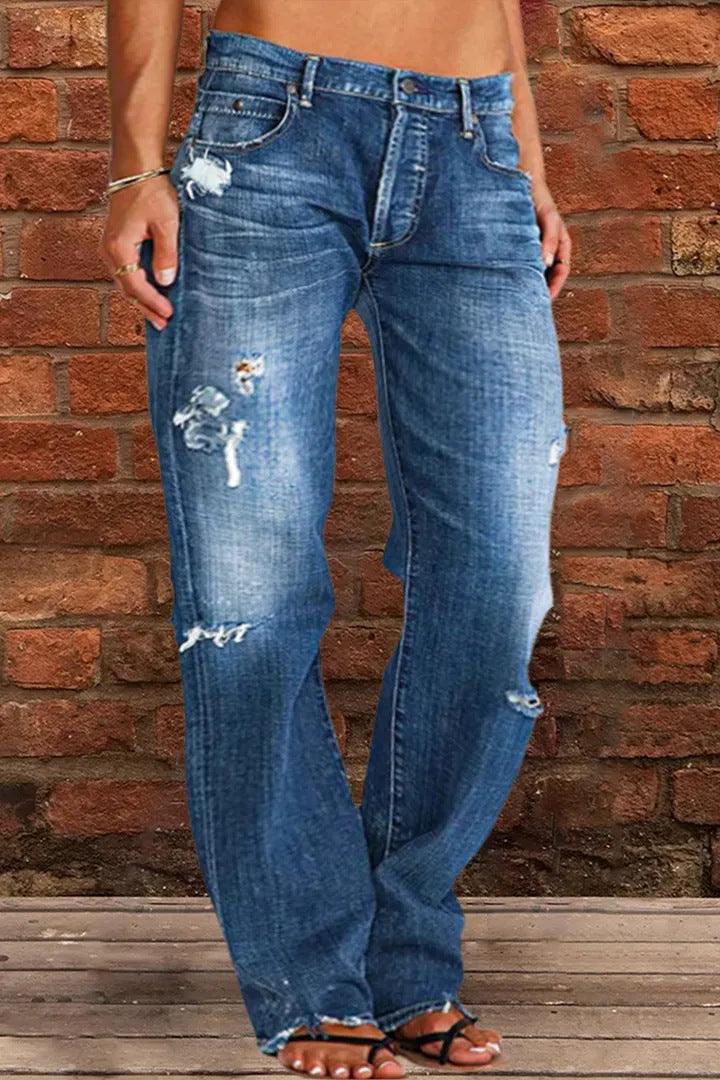 Loose Wide Leg Denim Retro Washed Ripped Trousers - AmiraMart