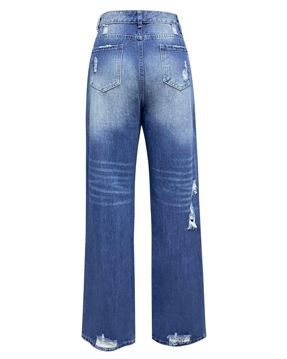 Loose Wide Leg Denim Retro Washed Ripped Trousers - AmiraMart