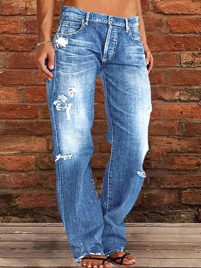 Loose Wide Leg Denim Retro Washed Ripped Trousers - AmiraMart