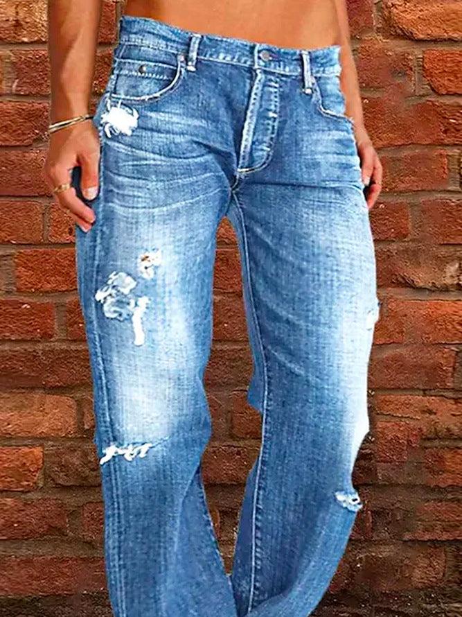 Loose Wide Leg Denim Retro Washed Ripped Trousers - AmiraMart