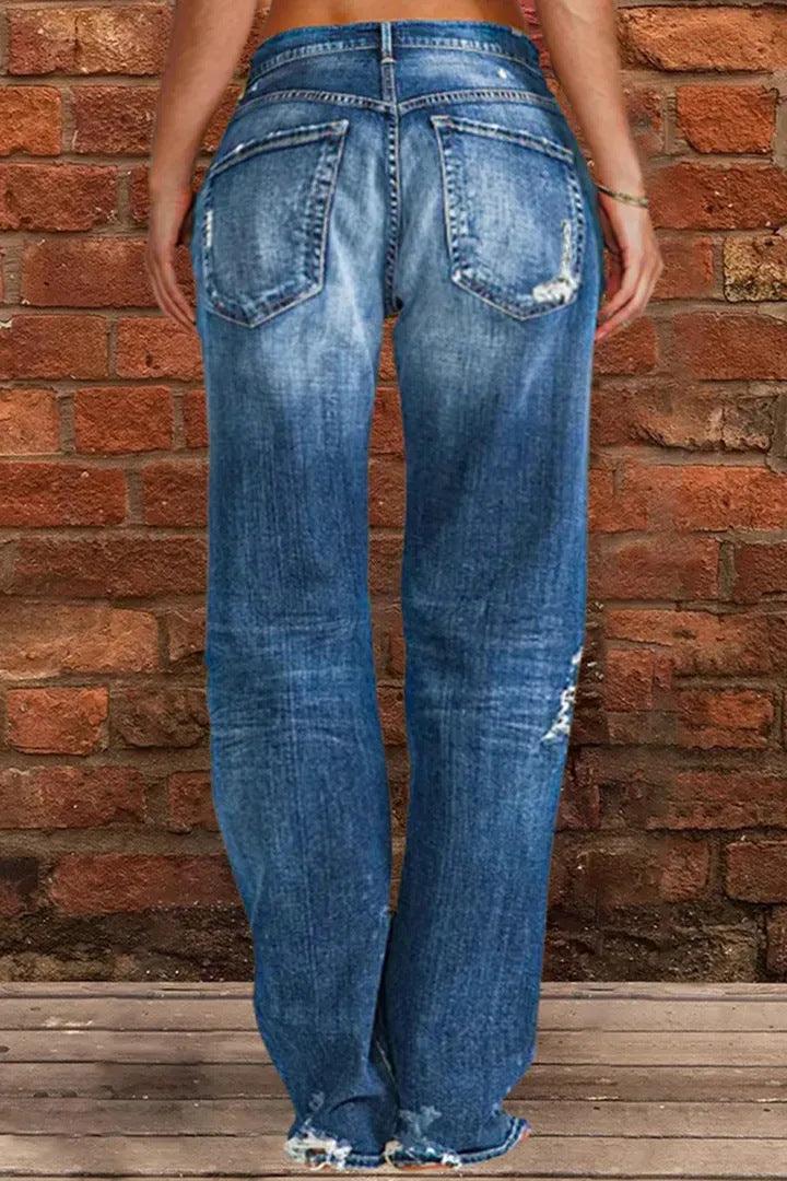 Loose Wide Leg Denim Retro Washed Ripped Trousers - AmiraMart