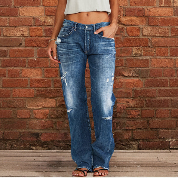 Loose Wide Leg Denim Retro Washed Ripped Trousers - AmiraMart