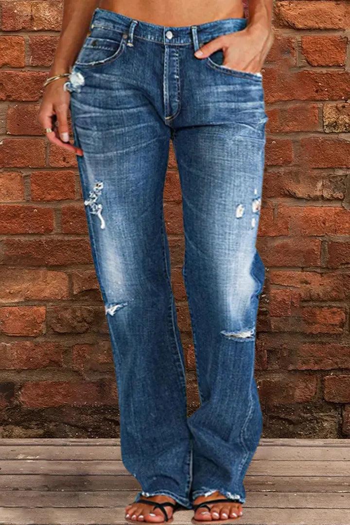 Loose Wide Leg Denim Retro Washed Ripped Trousers - AmiraMart