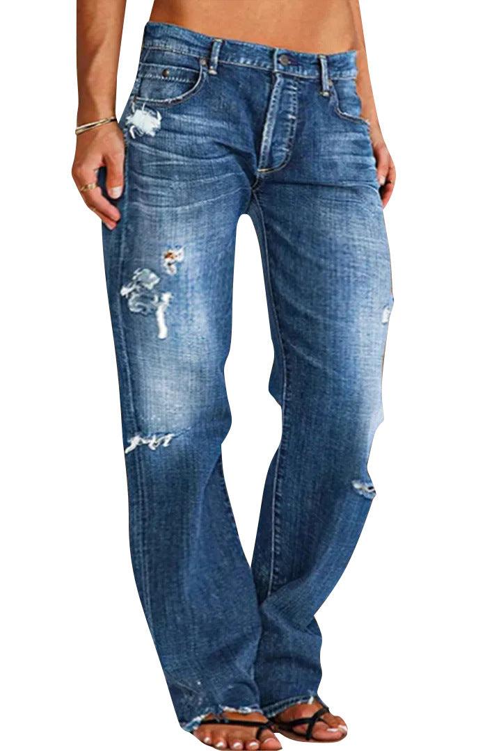 Loose Wide Leg Denim Retro Washed Ripped Trousers - AmiraMart