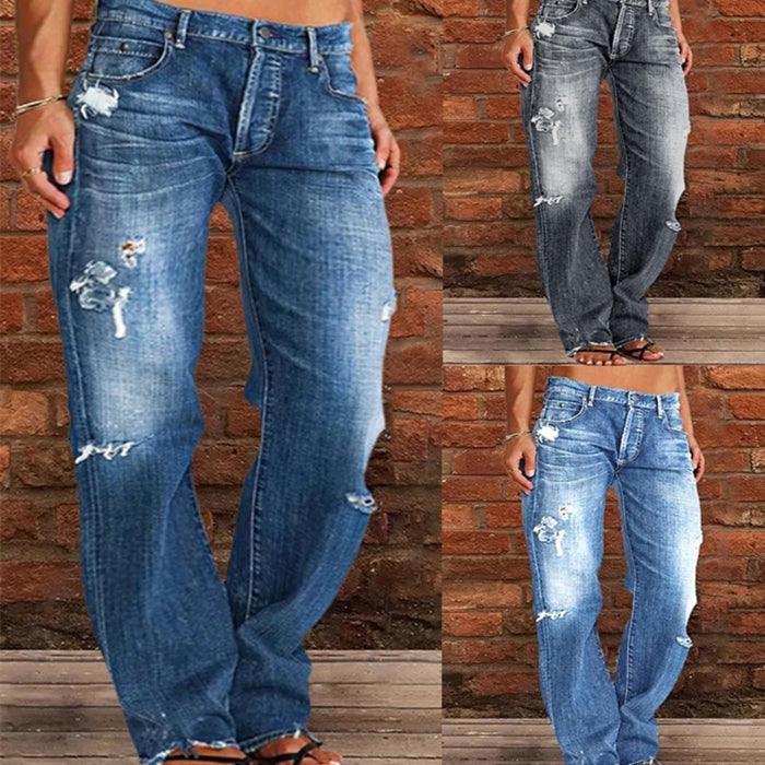 Loose Wide Leg Denim Retro Washed Ripped Trousers - AmiraMart