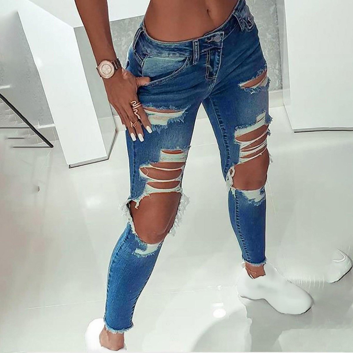 Low - Rise Ripped Stretch Jeans - AmiraMart